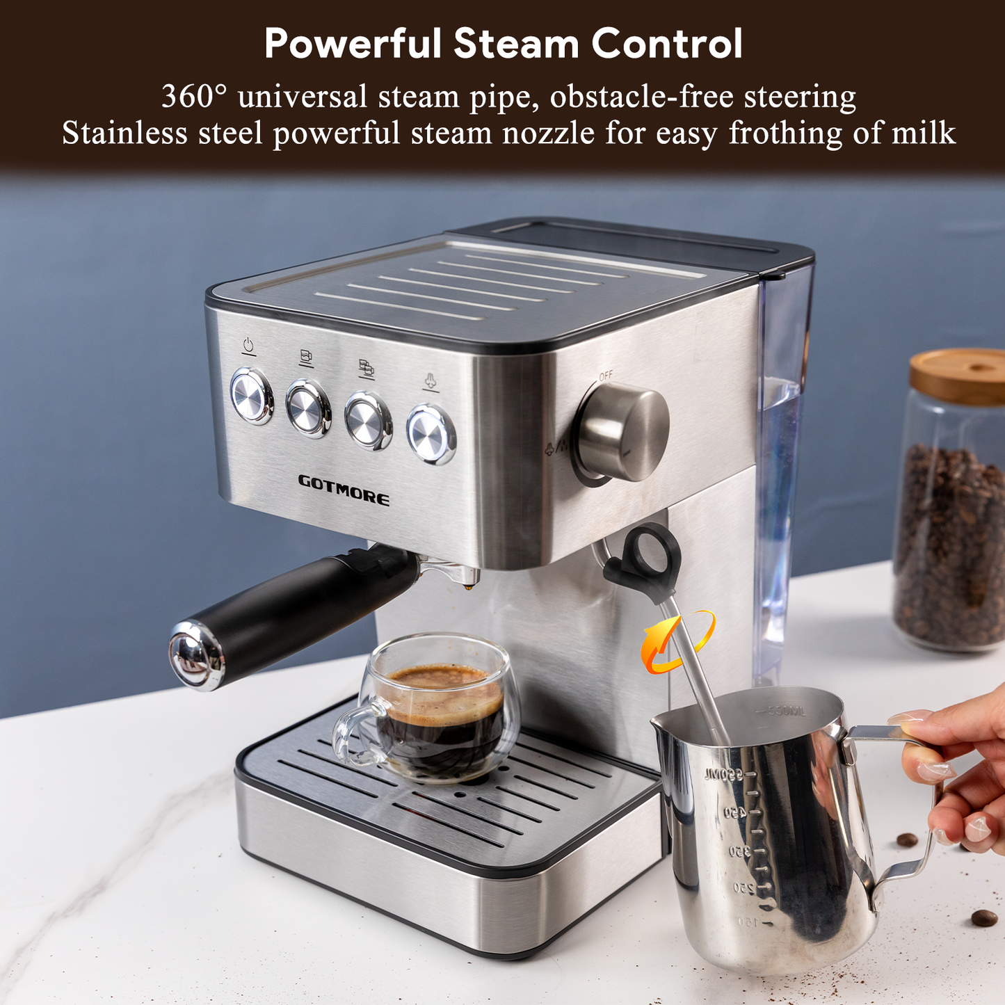 GOTMORE Espresso Machine, 15 bar Semi-Automatic Espresso Maker with Milk Frother Steam Wand for Latte & Cappuccino, Coffee Maker for Home Barista with 60.8oz Removable Water Tank, Stainless Steel