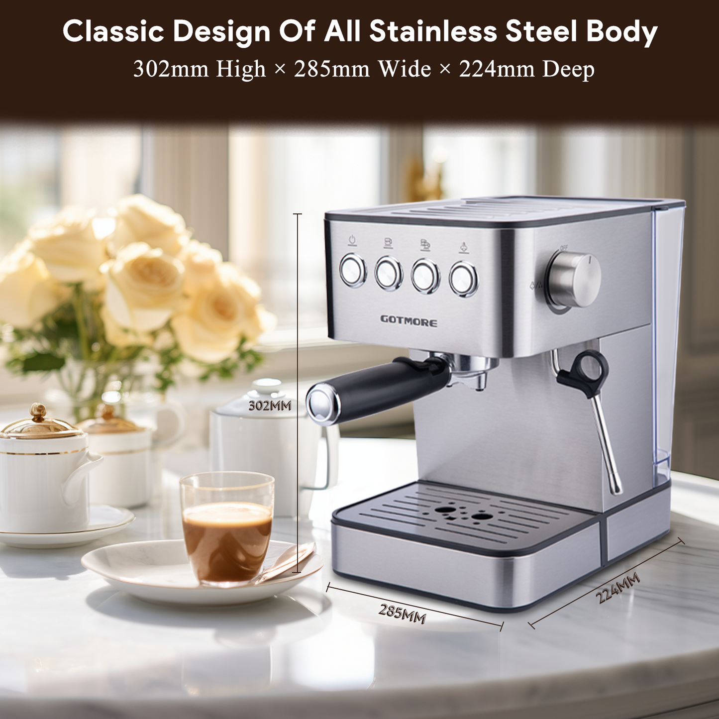 GOTMORE Espresso Machine, 15 bar Semi-Automatic Espresso Maker with Milk Frother Steam Wand for Latte & Cappuccino, Coffee Maker for Home Barista with 60.8oz Removable Water Tank, Stainless Steel